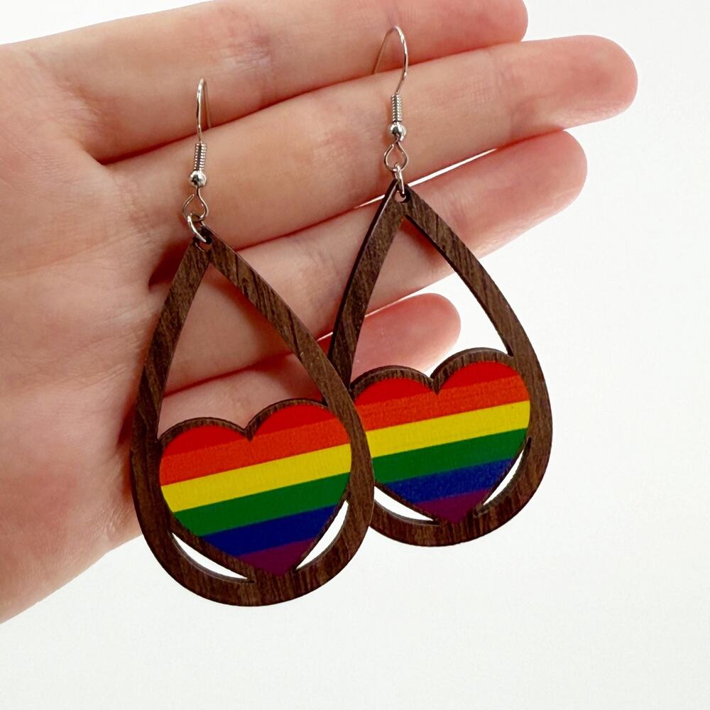 Rainbow Pride Heart Wooden Earrings